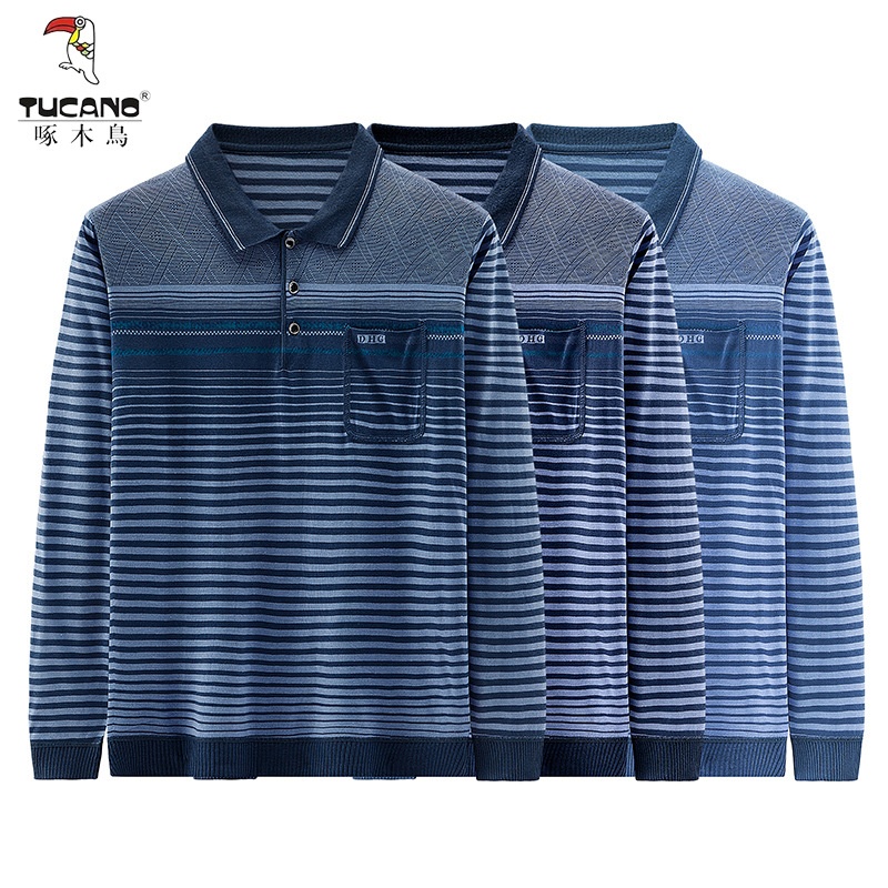 啄木鸟2025春秋季中年长袖男宽松休闲翻领中老年爸爸装上衣POLO衫