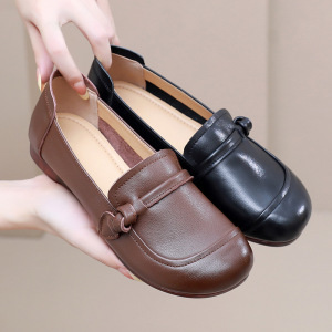 真皮粗跟深口复古女单鞋圆头软底四季一脚蹬低跟单鞋25休闲妈妈鞋