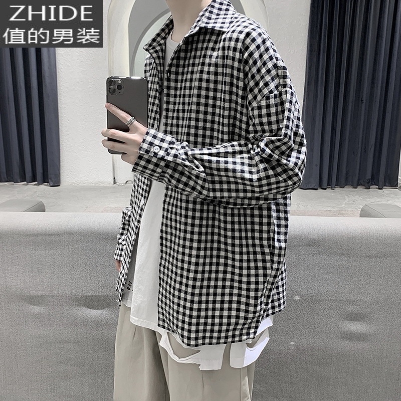 suntek高级感衬衫男港风日系风格穿搭oversize格子衬衣盐系古着外套