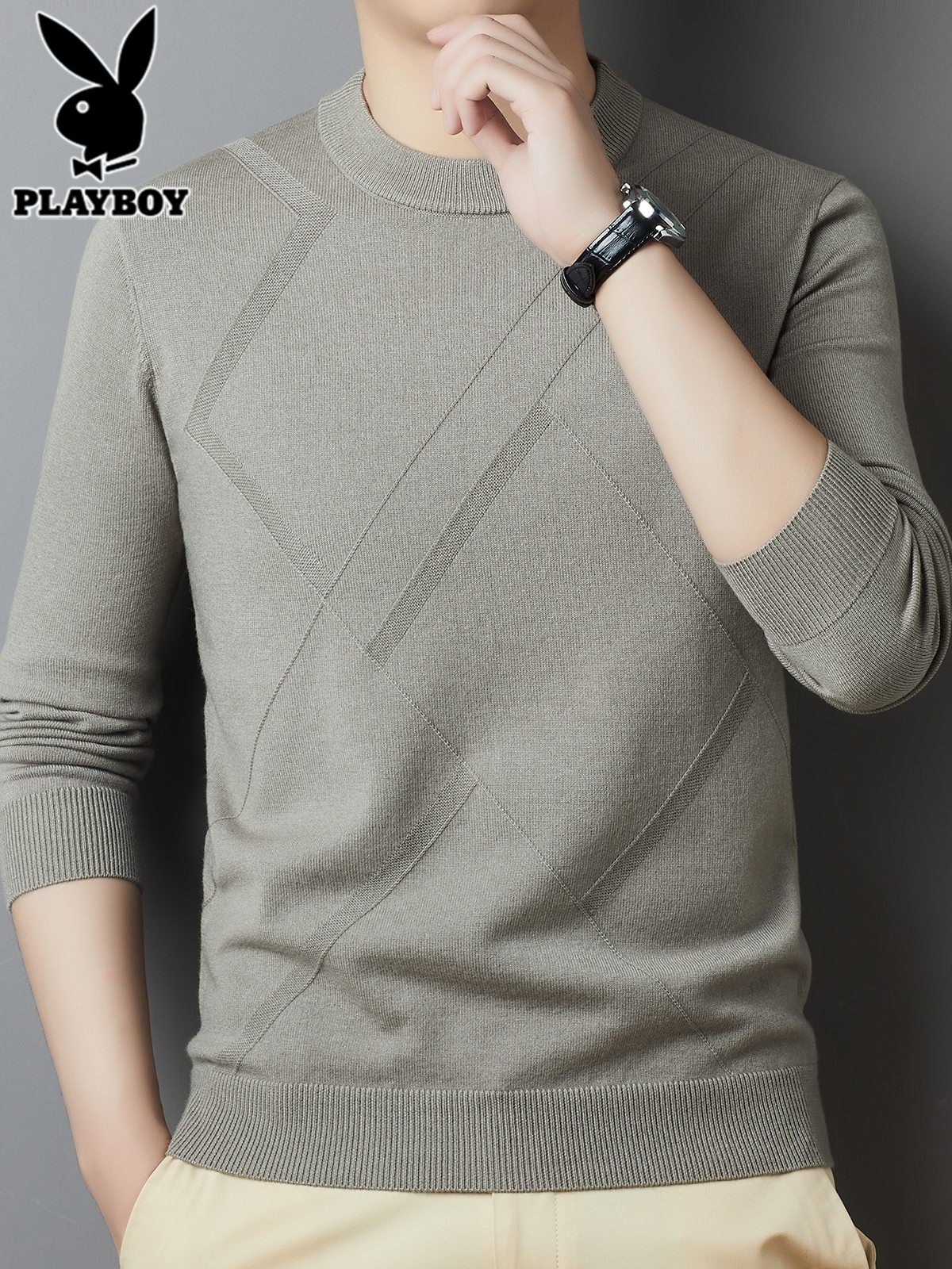 花花公子提花针织衫男士线衣打底衫2025年秋冬季新款潮圆领毛衣男