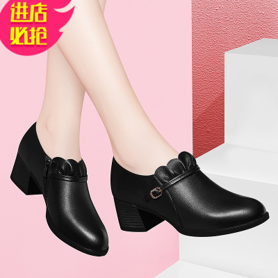 金三志皮单鞋女中跟2021新款女鞋子英伦风小皮鞋高跟鞋粗跟百搭小白鞋休闲鞋