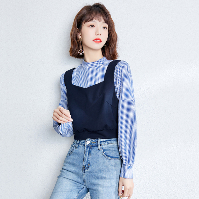 佐露絲格子衬衫女设计感小众套装2021春装新款泡泡袖上衣马甲背心两件套