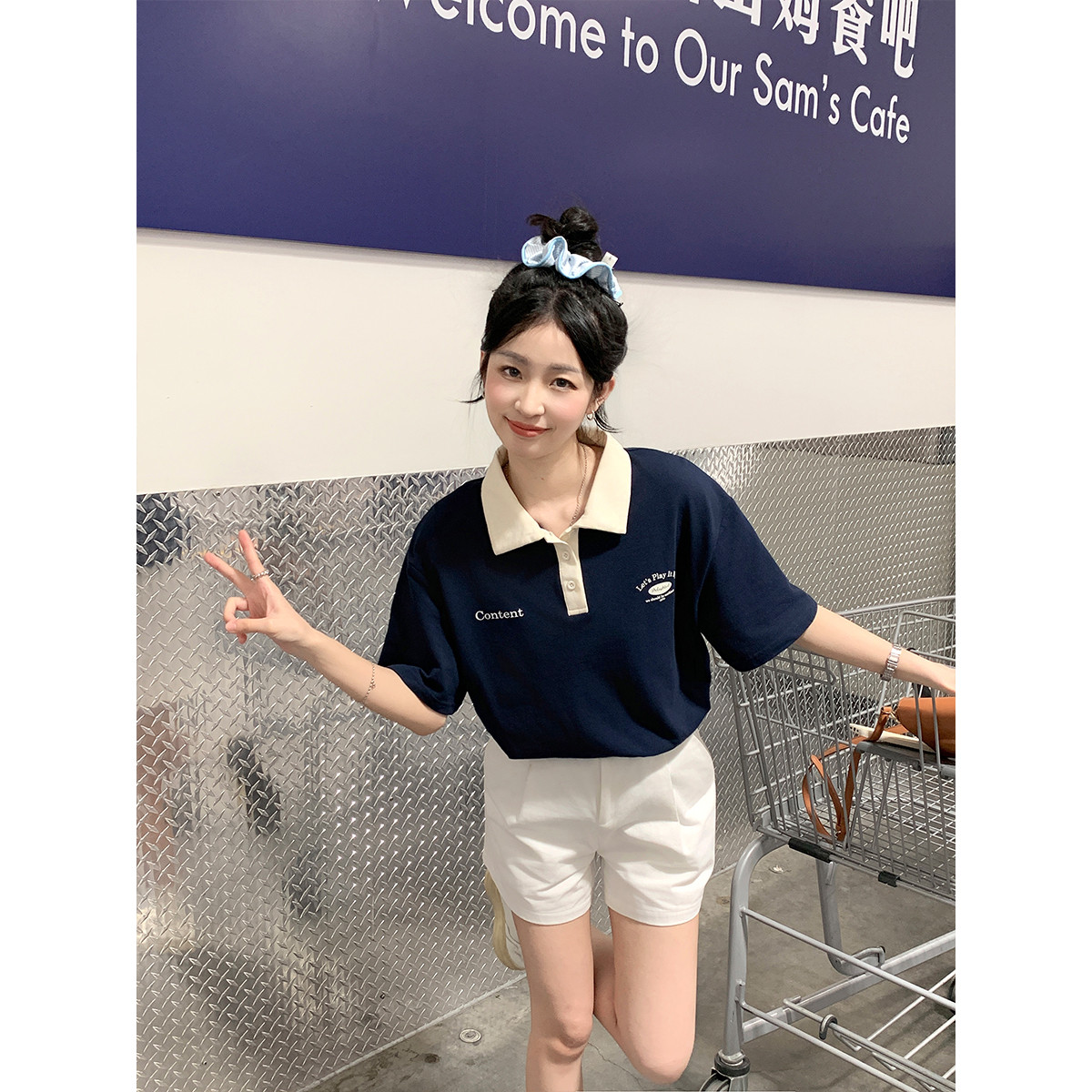 [1.5折价42元]唐狮夏季女左胸图案短袖polo衫学院风T恤减龄休闲百搭