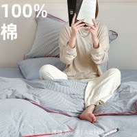 a类色织密拷边水洗棉细条纹四件套纯棉简约亲肤被套床单床品