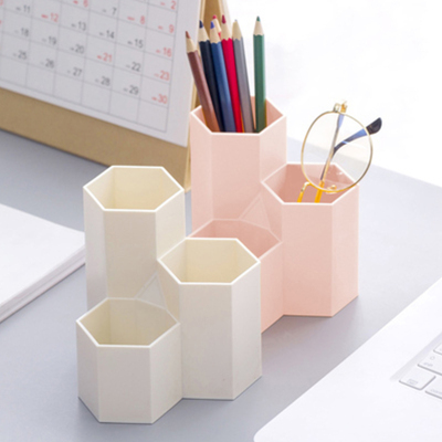 封后ins菱形多功能创意笔筒北欧三格桌面收纳桶装饰化妆刷收纳桶摆件米色+粉色