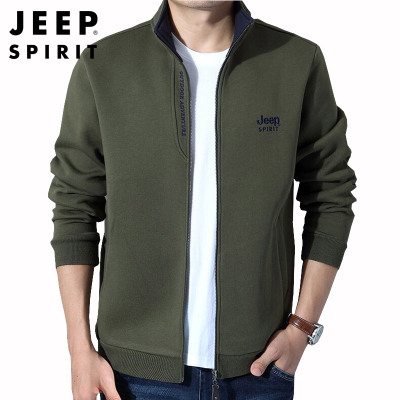 JEEPSPIRIT吉普男士夹克春秋立领拉绒外套户外运动针织开衫纯棉休闲百搭上装