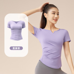 速干V领短袖裸感健身褶皱T恤百搭运动上衣跑步瑜伽短袖女