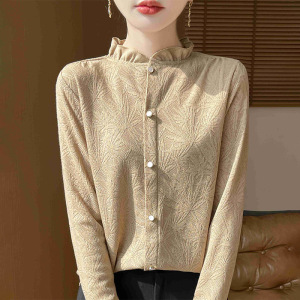 外套2025春夏新女短款木耳边半高领提花衬衣针织打底衫上衣