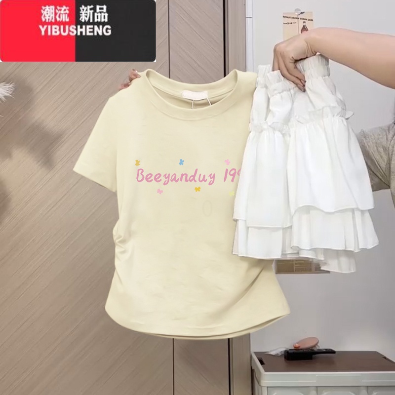 YIBUSHENG奶黄色正肩短袖t恤女季2024新款修身显瘦掐腰小众别致上衣