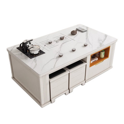 晋舰 岩板茶几客厅茶台烧水壶一体桌家用泡茶台办公室茶桌 1.4米白色配茶炉