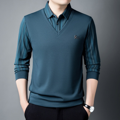 春秋假两件长袖T恤男爸爸薄款商务休闲衬衫领印花打底polo衫