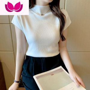 七斓冰丝针织短袖t恤女装2023新款ins潮修身百搭打底衫圆领短款上衣服