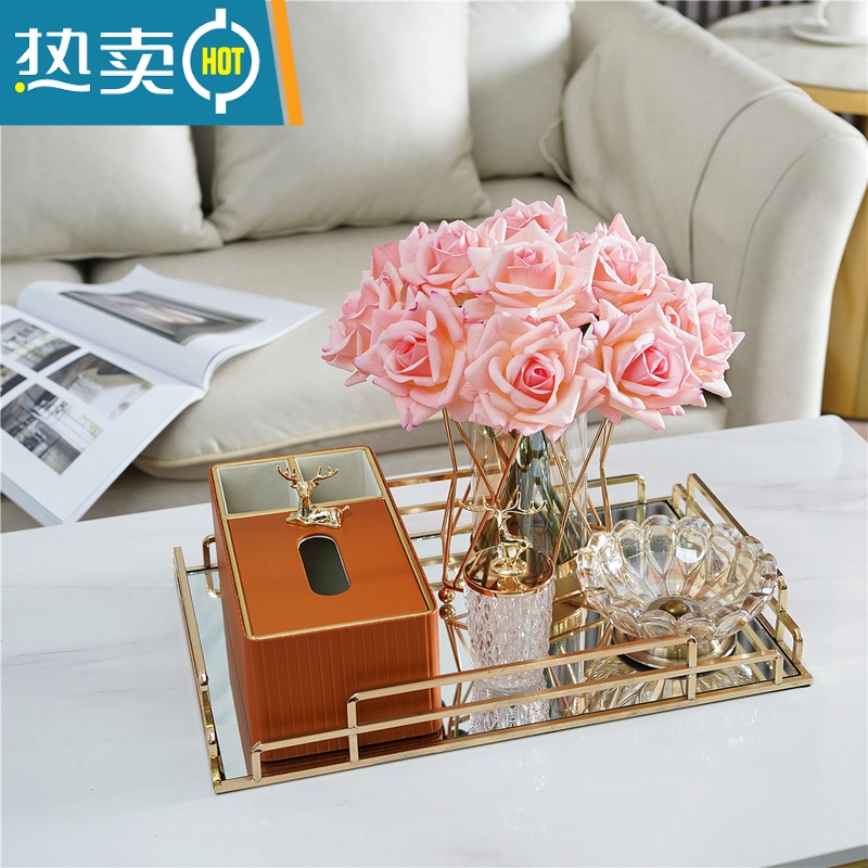 敬平北欧装饰纸巾盒轻奢茶几收纳盒套装客厅餐桌多功能收纳纸抽盒 橙色意式套装+深粉手感玫瑰+ 牙签罐+烟灰缸