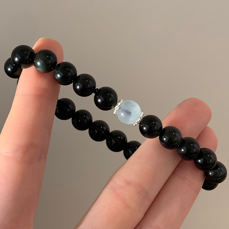 天然黑曜石海蓝宝水晶手串补水招财转运珠情侣手链轻奢高级感