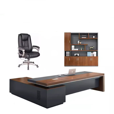迅迈 2.4米老板桌+老板椅+2.4米书柜900*2400*750mm 含侧柜 总裁桌 简约现代老板办公桌 大班台主管桌