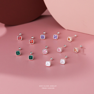 s999足银方形彩锆耳钉女简约时尚小众轻奢高级感ins气质螺丝耳饰送女朋友老婆情人节七夕生日礼物