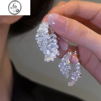 JiMi轻奢锆石树叶耳环女小众高级感前后戴耳钉轻奢银银针耳饰品新款潮