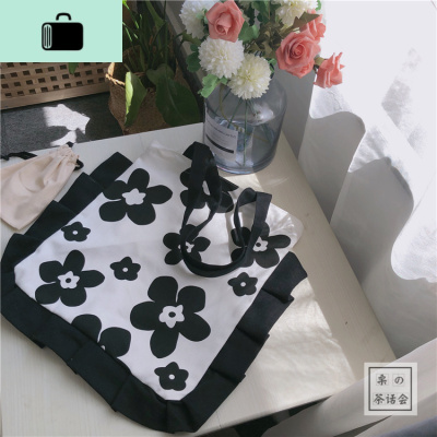 chic韩国ins简约百搭帆布包 泫雅风花朵单肩包小清新学生购物袋女NEW LAKE 黑色女士单肩包