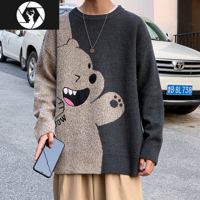 HongZun秋冬季小熊毛衣男士宽松慵懒风加厚加绒款韩版潮流日系外套针织衫毛衣