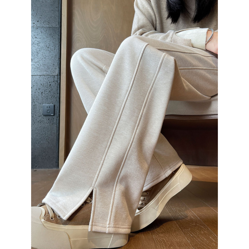 羊毛人字纹窄版阔腿裤女秋冬加绒毛呢开叉裤子胖mm垂感直筒正装裤_863