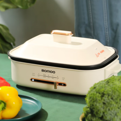 勃曼多功能料理锅BM-180蒸煮炖煎火锅多用锅烤肉涮家用一体锅 白/绿