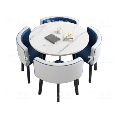 臻远 ZY4100937 简约接待桌椅洽谈桌椅 一桌四椅 白石根圆蓝白皮椅