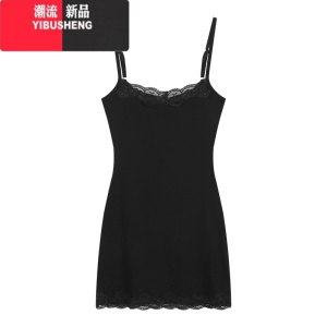 YIBUSHENG辣妹蕾丝拼接露背吊带连衣裙女季收腰紧身包臀裙黑色a字短裙子
