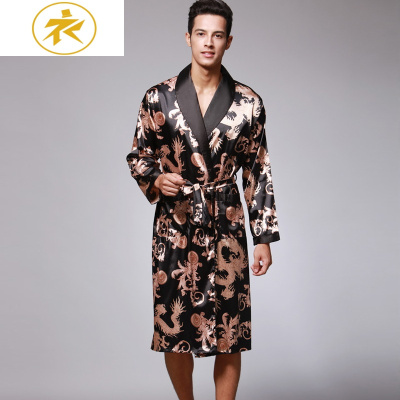 Ideamini长袖睡袍成熟男士浴袍冰丝丝绸睡衣男长款印花龙袍家居服宽松大码