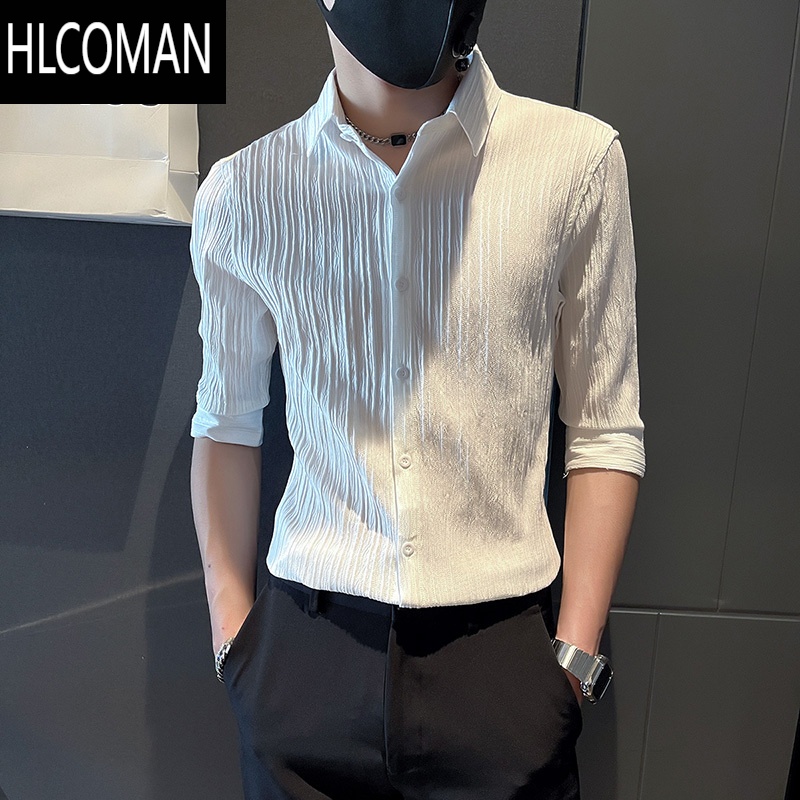 HLCOMAN七分袖衬衫男秋季薄款半袖商务短袖上衣社会小伙修身冰丝条纹衬衣