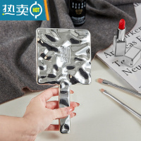 敬平网红高级感手持化妆镜家用复古ins风镜子女随身便携手拿美容镜 手持化妆镜银色+白色印花便携式用镜