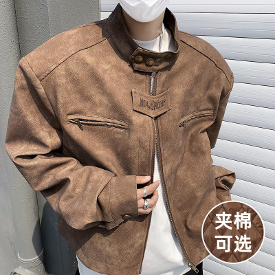 男装美式潮牌高街外套男生棕咖色飞行员夹克复古机车服潮流PU皮衣