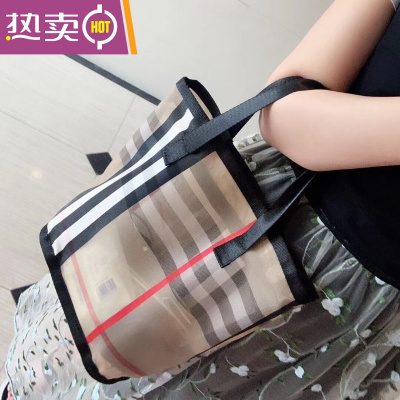 NEWLAKE韩国时尚格子网纱手提袋圆筒镂空透气四方便携洗澡健身洗浴妈咪包手提包