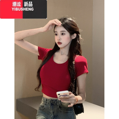 YIBUSHENG辣妹T恤女季韩版2024新款红色修身显瘦短款露脐百搭短袖上衣ins