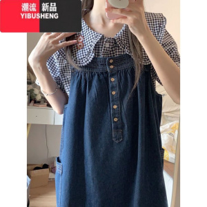 YIBUSHENG复古牛仔背带裙女装季新款小个子奶fufu娃娃领连衣裙绝美吊带裙