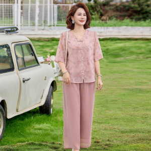 夏季新款中袖妈妈装洋气中老年女装两件套衣服40-60中年国风套装