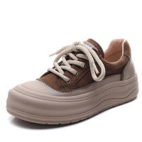 头层牛皮圆头拼色系带单鞋女2025春季新款百搭厚底舒适休闲女鞋