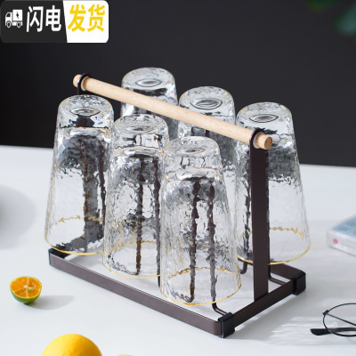 三维工匠玻璃水杯冷水壶套装凉水杯家用可高温轻奢凉白开水壶凉水瓶套杯 金边斜口杯6只+咖啡色杯架凉水壶