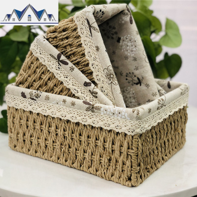 收纳筐储物盒桌面杂物收纳盒零食玩具收纳箱化妆品收纳盒纸绳编制 三维工匠