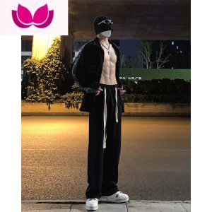 七斓美式hiphop抽绳卫裤垂感黑色加长裤子男高个子直筒阔腿裤宽松日系