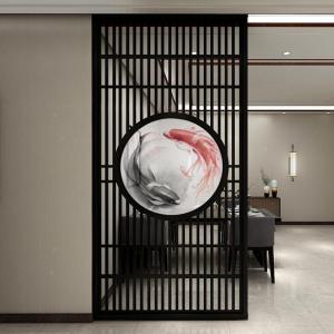 新中式屏风隔断客厅入户北欧栅栏轻奢风屏风实木镂空半透纱画座屏 定制110*180cm胡桃木 整装