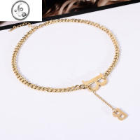 JiMi欧美钛钢镀14K真金B字母项链女网红冷淡风流苏锁骨链嘻哈毛衣链潮