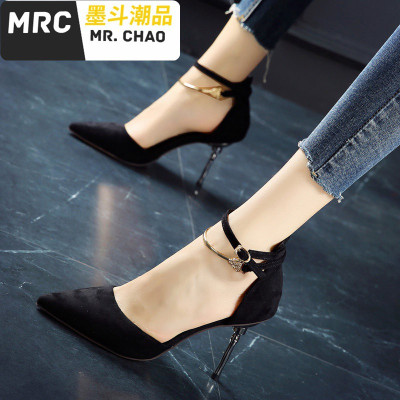 新款尖头细跟高跟鞋女韩版时尚中空一字扣带大红绒面单鞋墨斗潮品休闲鞋