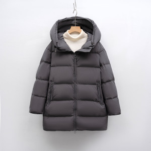 白鸭绒纯色简约连帽羽绒服女宽松新款冬中长款加厚外套潮