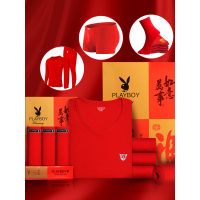 花花公子男大红色结婚本命年男士保暖内衣套装情侣秋衣秋裤女加厚