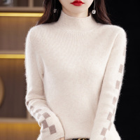 秋冬季新款貂绒衫女装半高领修身短款保暖拼色打底毛衣针织衫