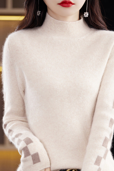 秋冬季新款貂绒衫女装半高领修身短款保暖拼色打底毛衣针织衫