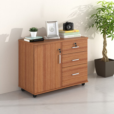 域赢木质矮柜带锁三抽屉资料储物柜家用柜移动收纳柜落地柜床头柜800*400*800胡桃色