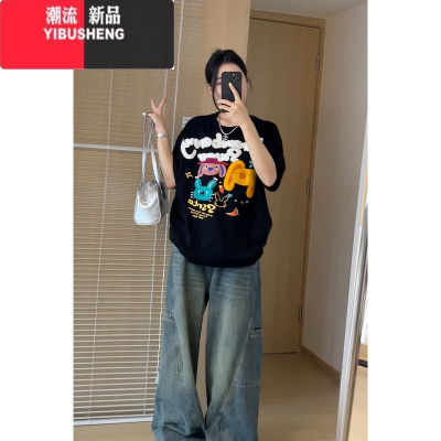 YIBUSHENG潮牌体恤女天印花短袖t恤女季女装2024新款正肩黑色上衣