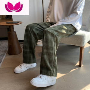 七斓高级感格子裤男oversize裤子高街ins潮牌灯芯绒阔腿拖地长裤