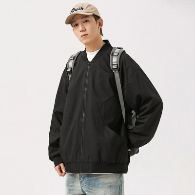 春秋季新款美式复古夹克立领宽松纯色潮牌棒球服休闲百搭男士外套